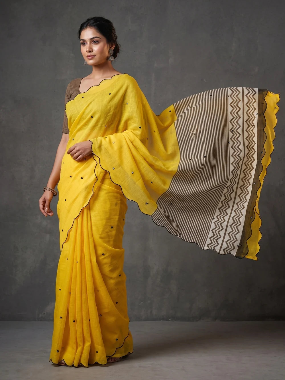 Yellow Mul Cotton Saree with Aari Foil Mirror Work, Embroidered Arco Border & Printed Pallu with Blouse Piece