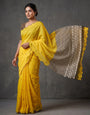 Yellow Mul Cotton Saree with Aari Foil Mirror Work, Embroidered Arco Border & Printed Pallu with Blouse Piece