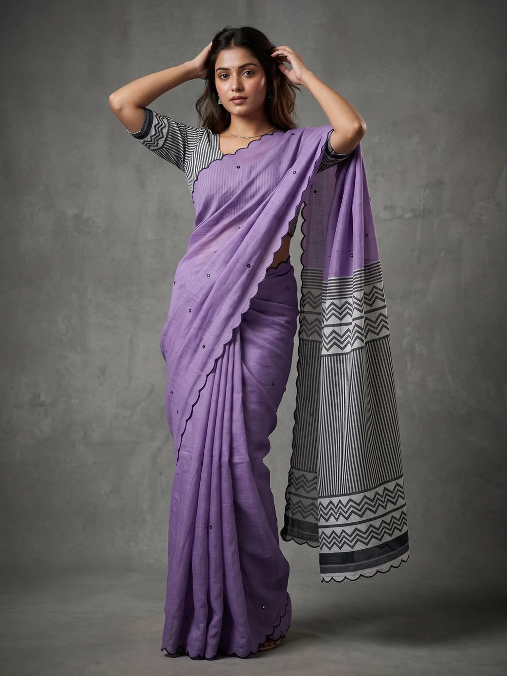 Lavender Mul Cotton Saree with Aari Foil Mirror Work, Embroidered Arco Border & Contrast Printed Pallu with Blouse Piece