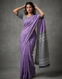 Lavender Mul Cotton Saree with Aari Foil Mirror Work, Embroidered Arco Border & Contrast Printed Pallu with Blouse Piece