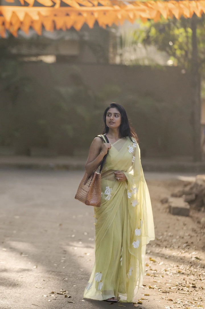 Pistachio Green Chiffon Saree with White Floral Design | Lightweight Designer Saree with Blouse Piece