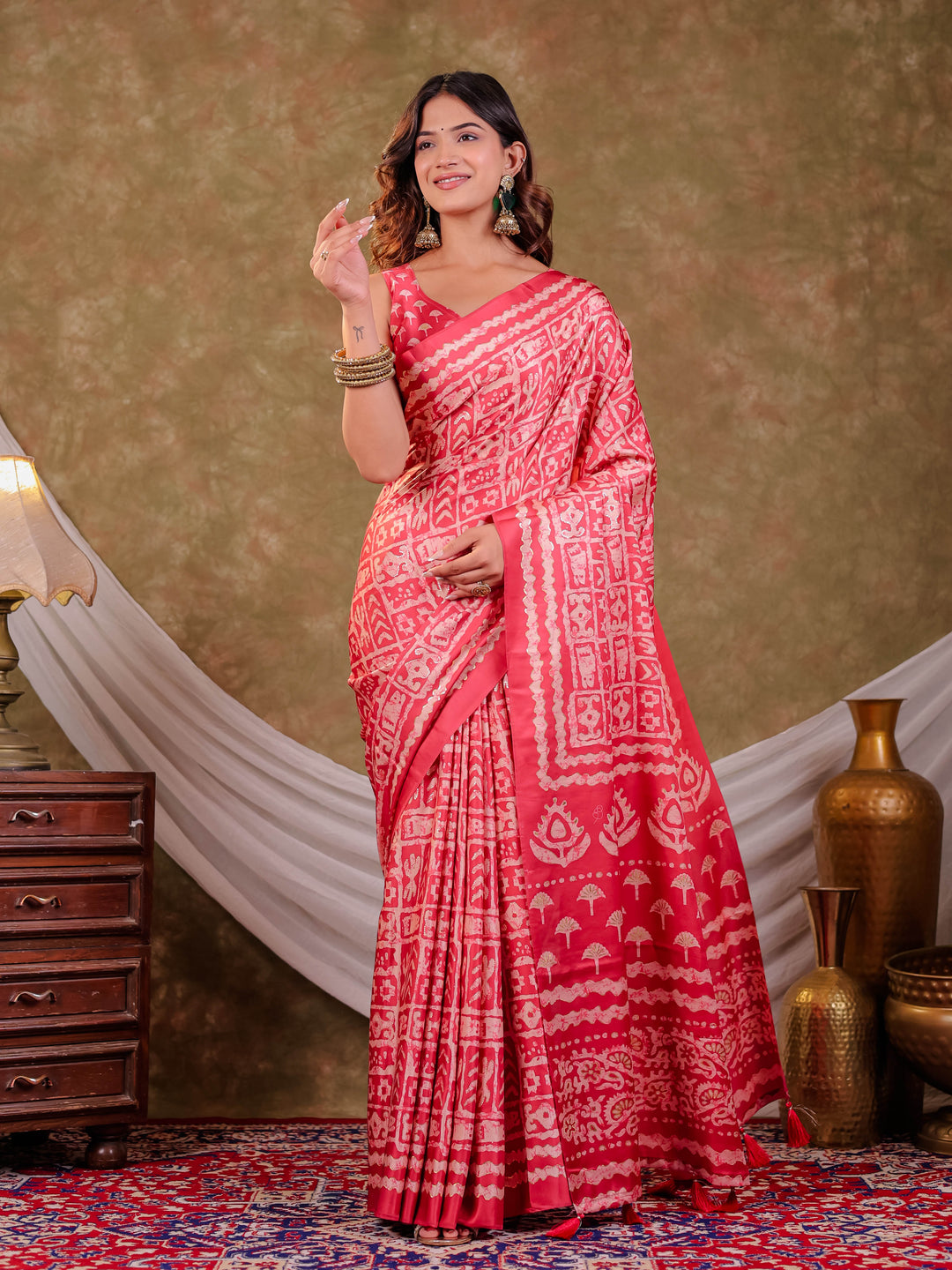 Coral Pink Pure Chinnon Batik Printed Saree with Foil Detailing, Designer Border, Tassel Edges & Matching Blouse Piece