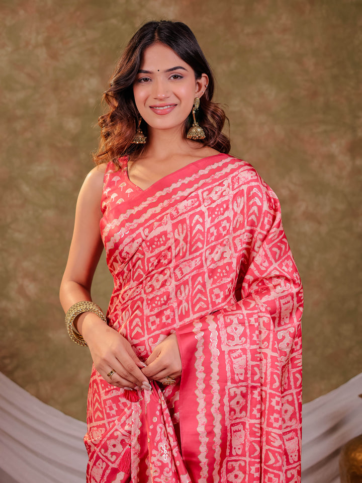Coral Pink Pure Chinnon Batik Printed Saree with Foil Detailing, Designer Border, Tassel Edges & Matching Blouse Piece