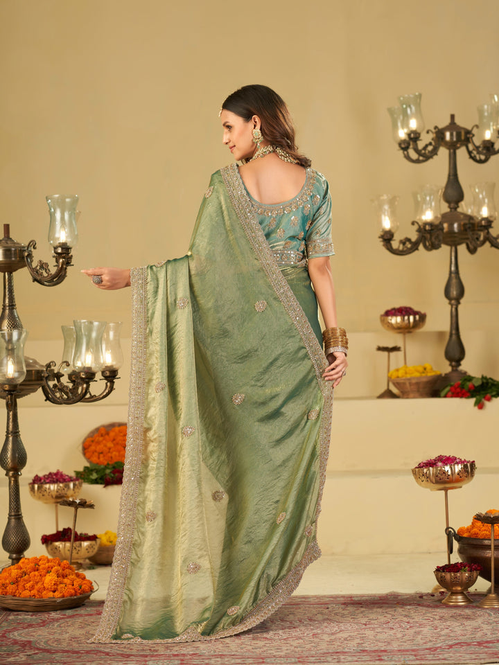 Sea Green Designer Fendy Satin Saree with Heavy Embroidered Blouse & Sequin Border | Premium Wedding Party Wear Saree