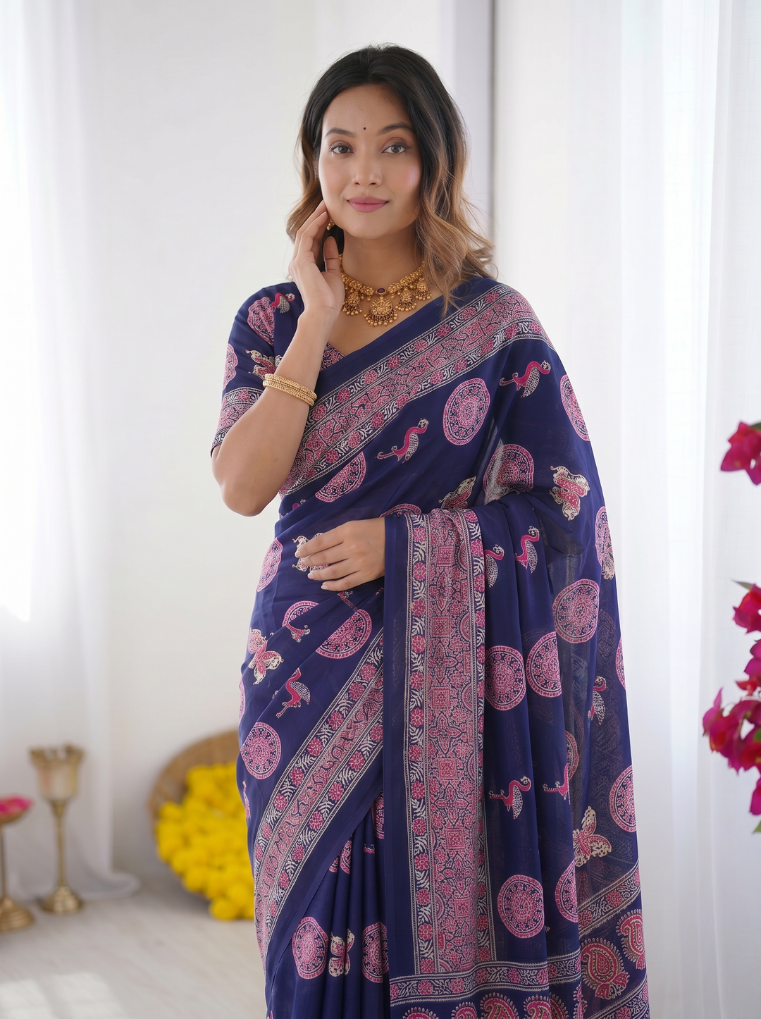 Ajrakh Chinnon Printed Saree with Tassel Detailing & Attached Blouse (No Mirror Work)
