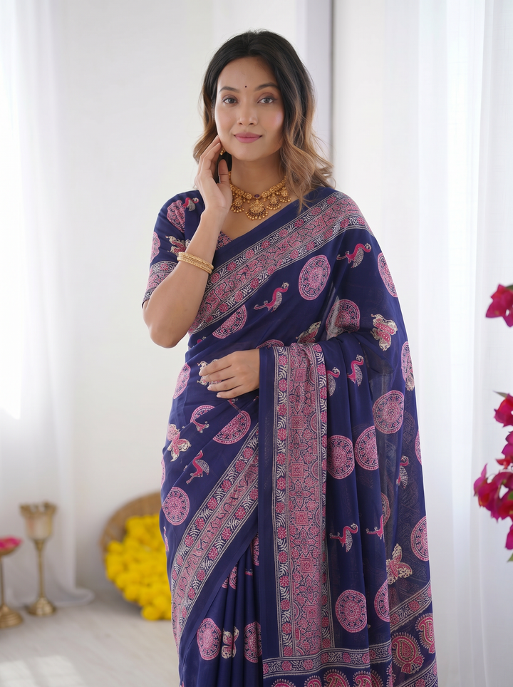 Ajrakh Chinnon Printed Saree with Tassel Detailing & Attached Blouse (No Mirror Work)