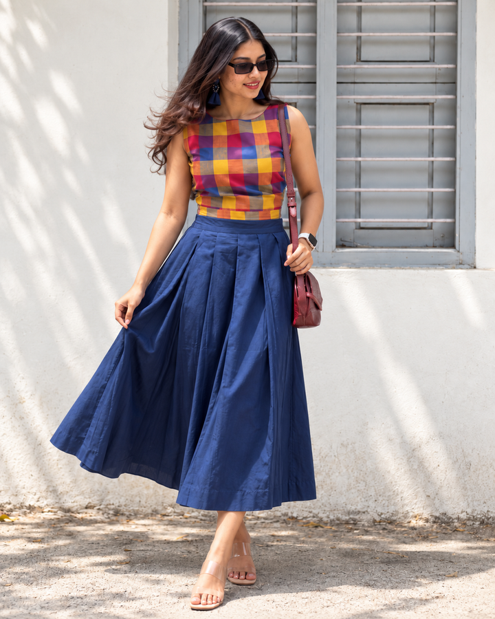 Madras Cotton Crop Top & Flared Skirt Set for Women – Multicolour Checks & Navy Blue