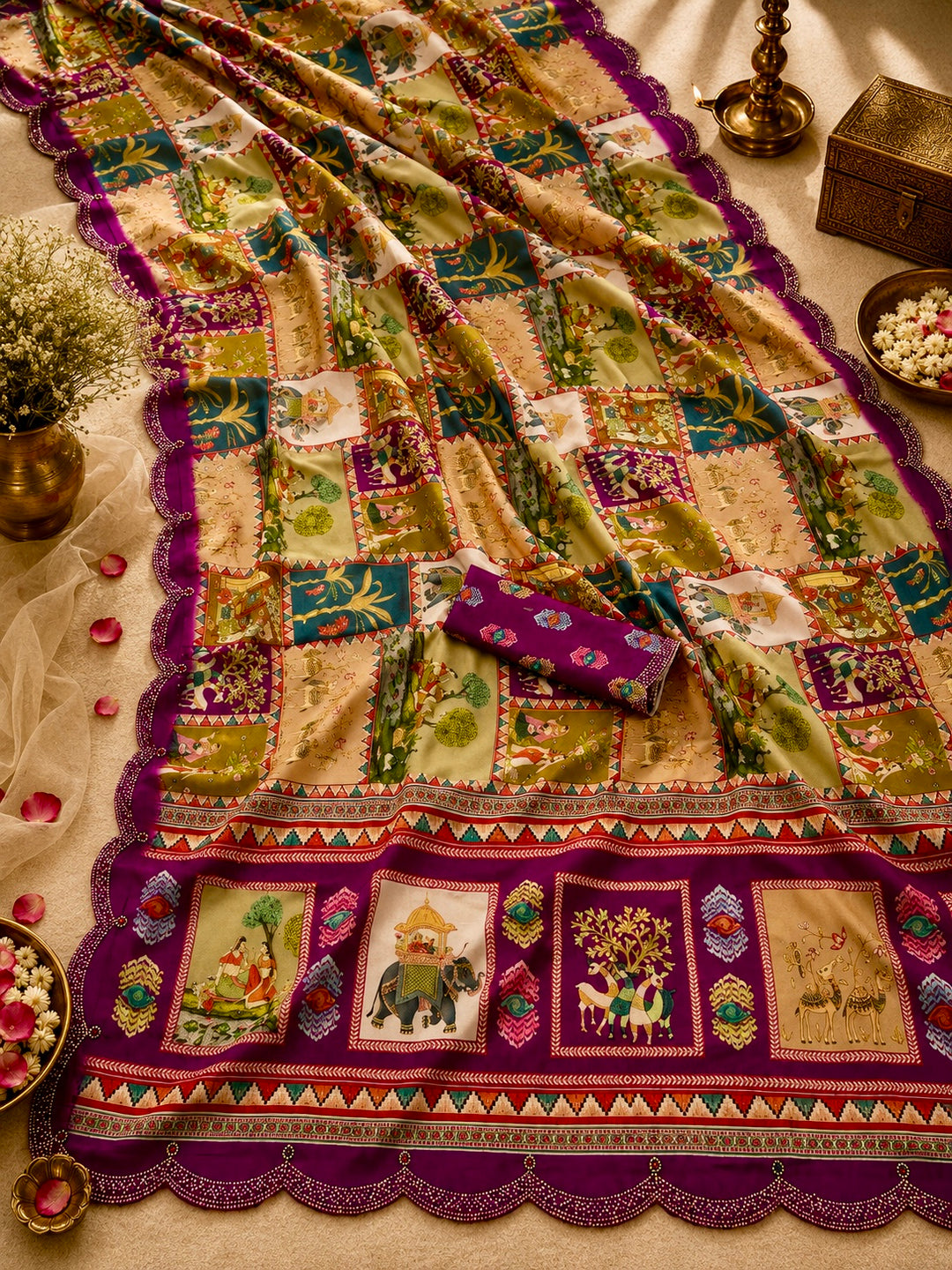 Multicolour Patchwork Printed Modal Silk Saree with Royal Heritage Motifs, Purple Pallu & Scalloped Embellished Border
