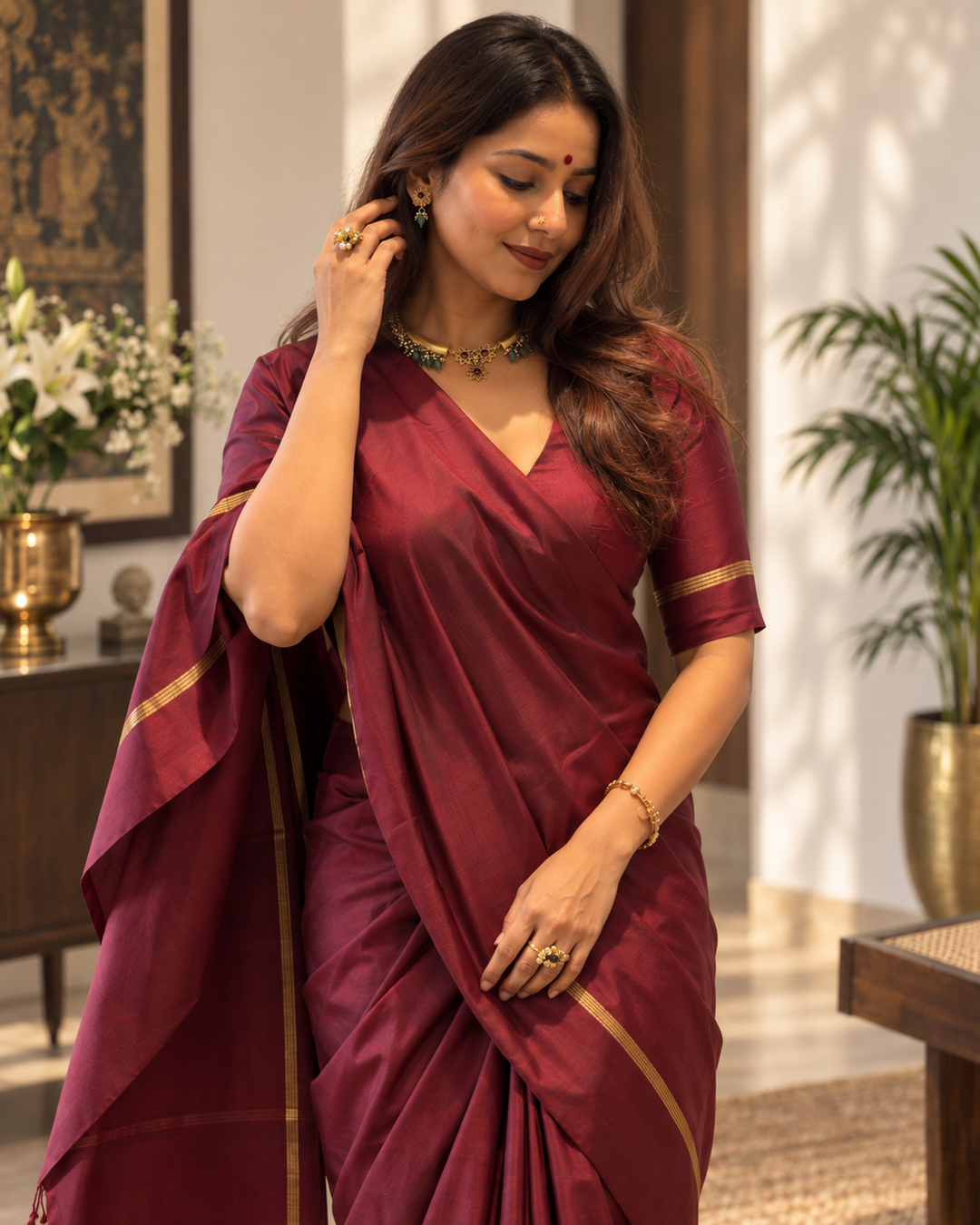 Royal Wine Pure Kanjivaram Silk Saree with Traditional Zari Weave & Attached Blouse Piece