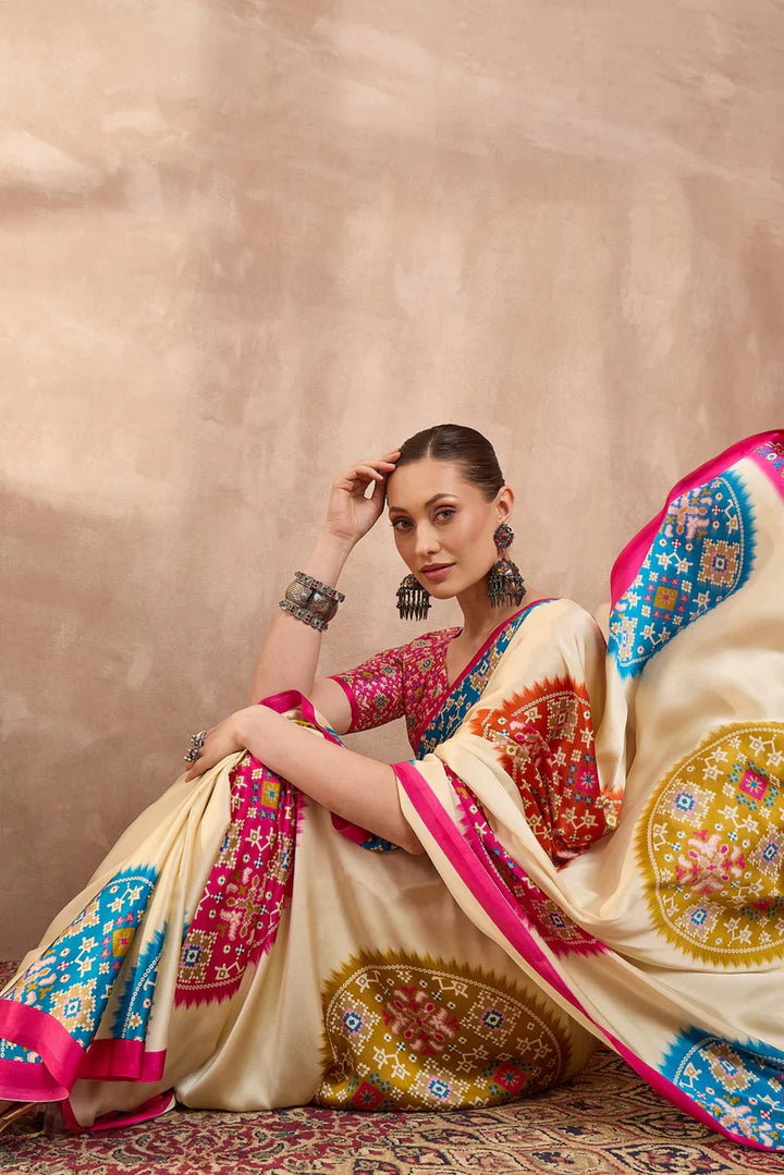 Cream Modal Silk Saree with Multicolor Patola-Inspired Print & Rani Pink Border | Designer Festive Wear Saree