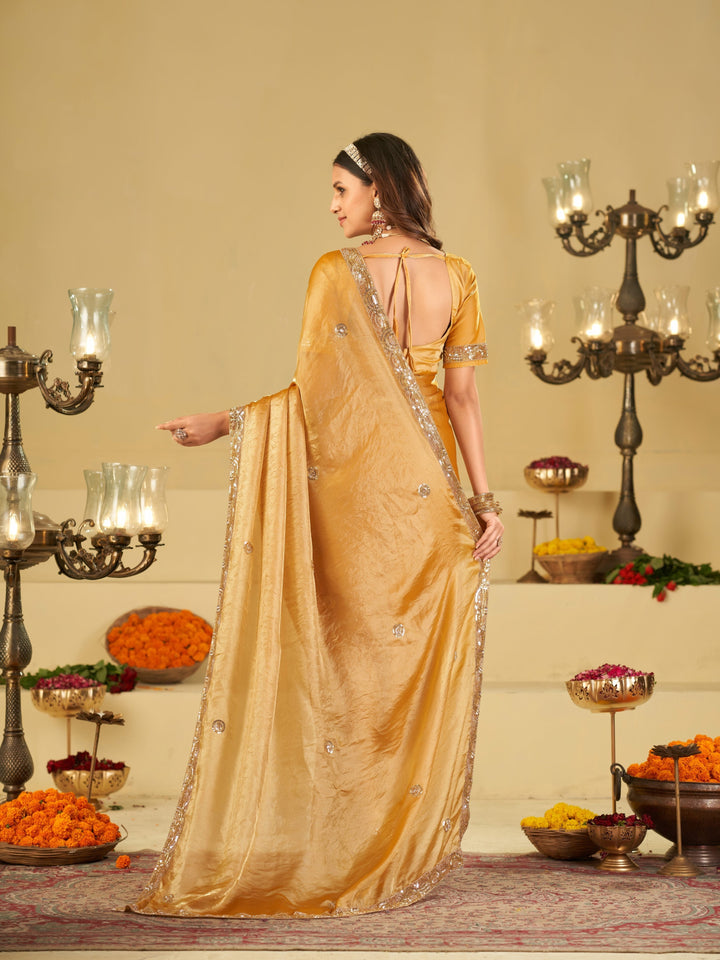 Mustard Yellow Designer Fendy Satin Saree with Heavy Embroidered Blouse & Sequin Border | Premium Wedding Party Wear Saree
