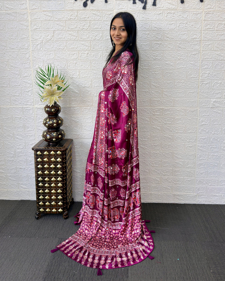 Plum Purple Modal Silk Saree with Elephant Motif Print & Heritage Designer Pallu | Traditional Festive Wear Saree