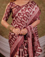 Coffee Brown Pure Chinnon Batik Printed Saree with Foil Detailing, Designer Border, Tassel Edges & Matching Blouse Piece