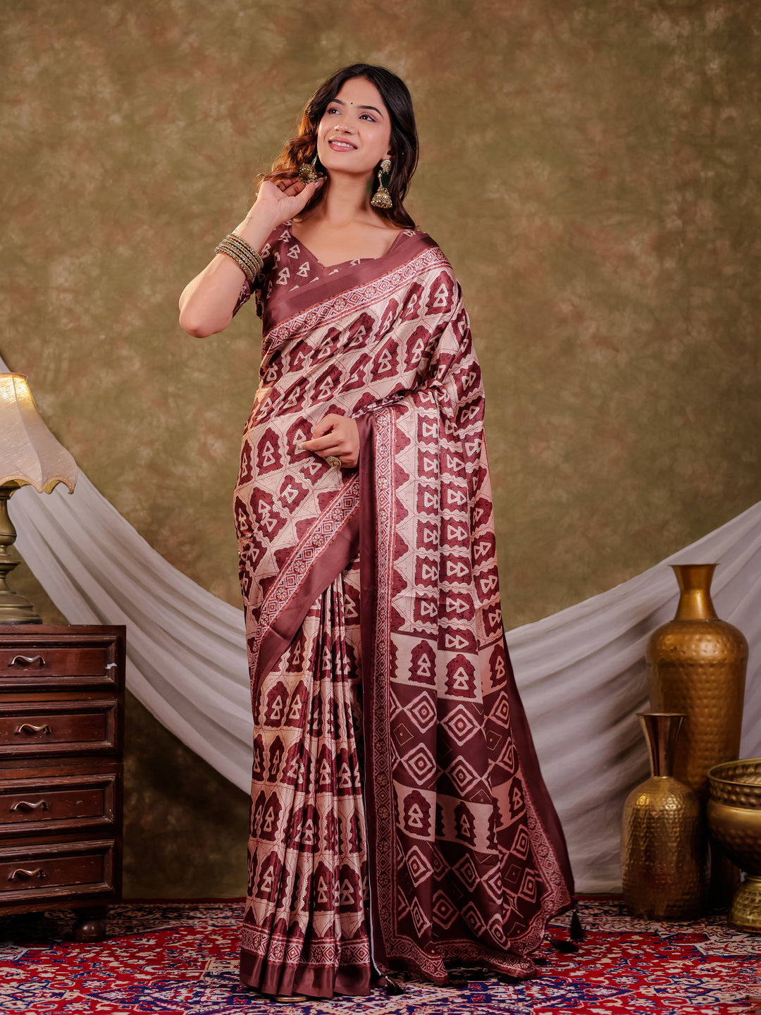 Coffee Brown Pure Chinnon Batik Printed Saree with Foil Detailing, Designer Border, Tassel Edges & Matching Blouse Piece