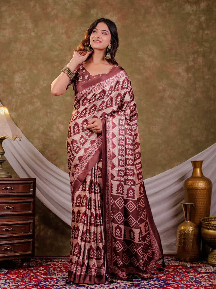 Coffee Brown Pure Chinnon Batik Printed Saree with Foil Detailing, Designer Border, Tassel Edges & Matching Blouse Piece