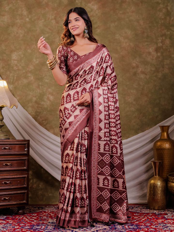 Coffee Brown Pure Chinnon Batik Printed Saree with Foil Detailing, Designer Border, Tassel Edges & Matching Blouse Piece