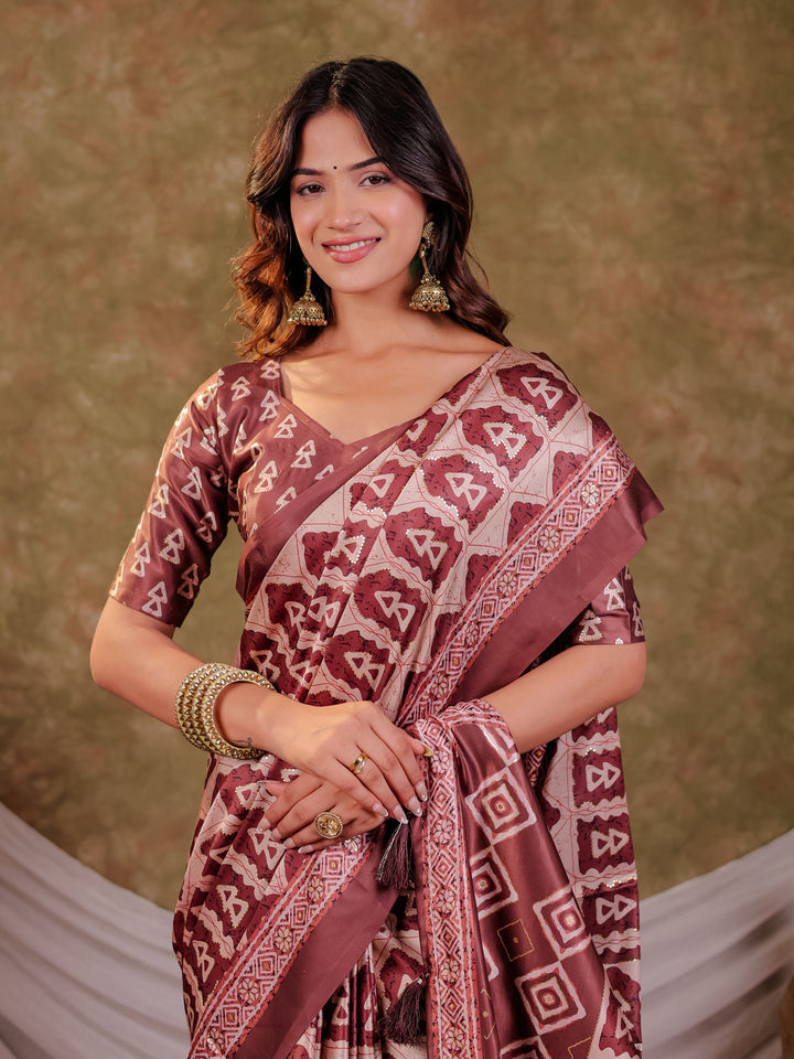Coffee Brown Pure Chinnon Batik Printed Saree with Foil Detailing, Designer Border, Tassel Edges & Matching Blouse Piece