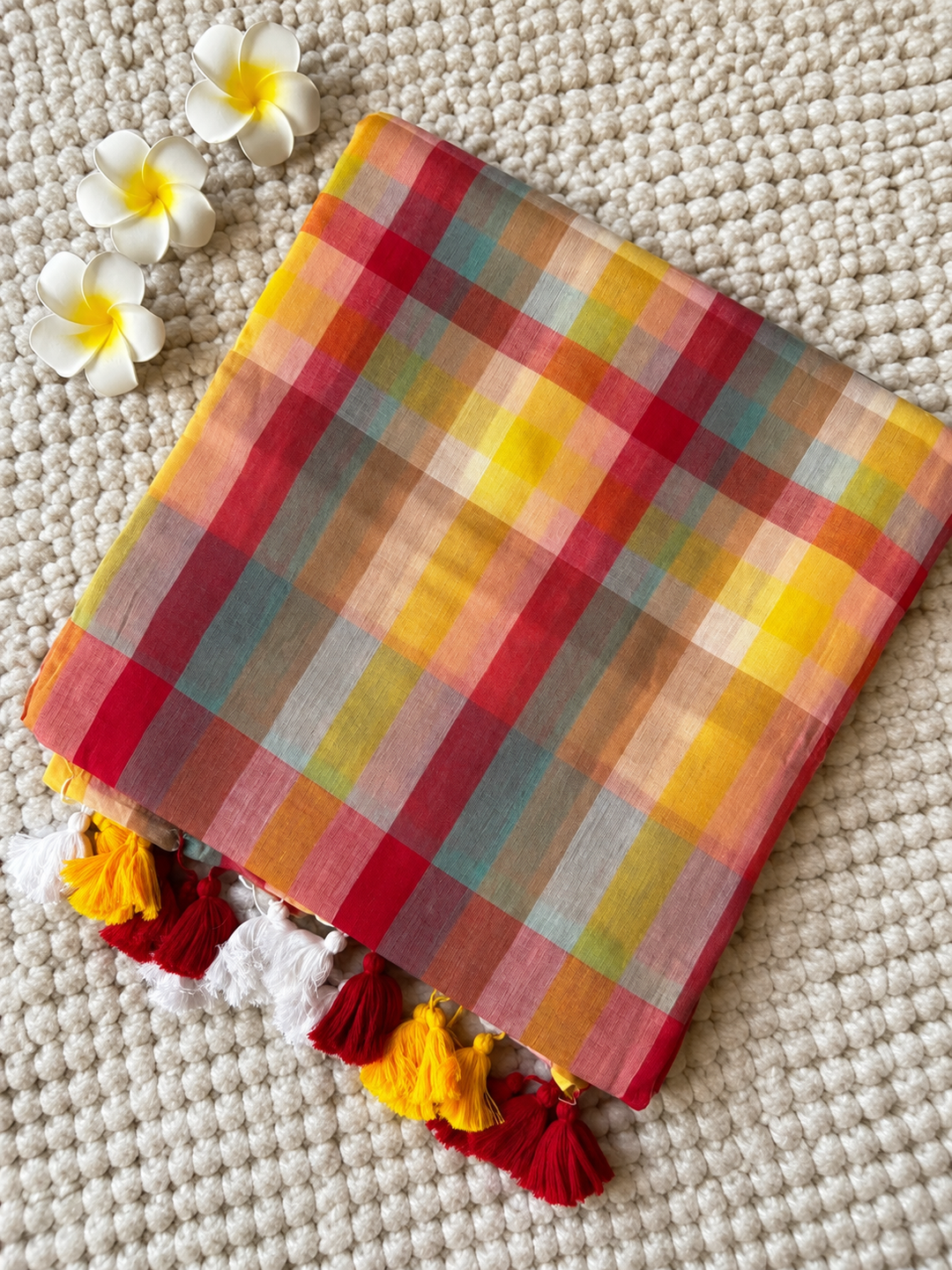 Red & Yellow Multicolour Madras Checkered Mul Cotton Saree with Tassels & Attached Blouse Piece