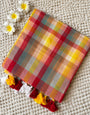 Red & Yellow Multicolour Madras Checkered Mul Cotton Saree with Tassels & Attached Blouse Piece