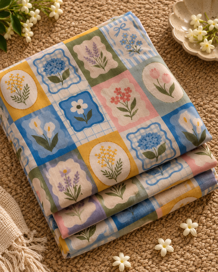 Bloom & Check Chinnon Saree with Multicolour Floral Patchwork Print & Attached Blouse Piece