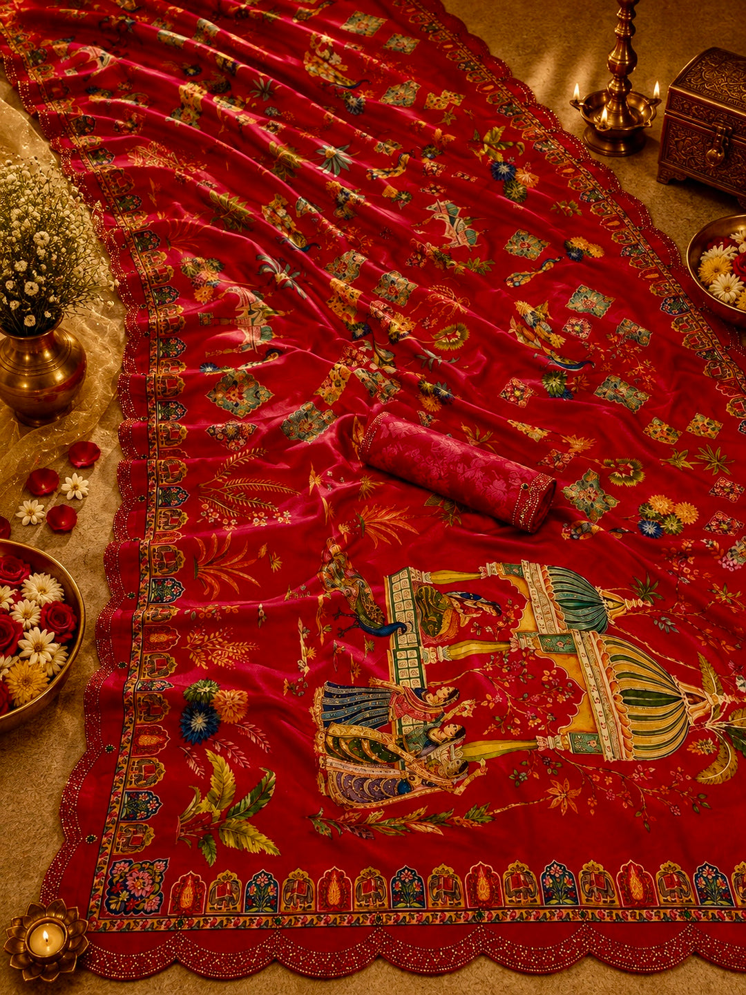 Royal Red Modal Silk Heritage Couple Printed Saree with Swarovski Scalloped Border & Blouse Piece