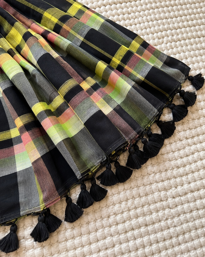 Black Multicolour Madras Checkered Mul Cotton Saree with Tassels & Attached Blouse Piece