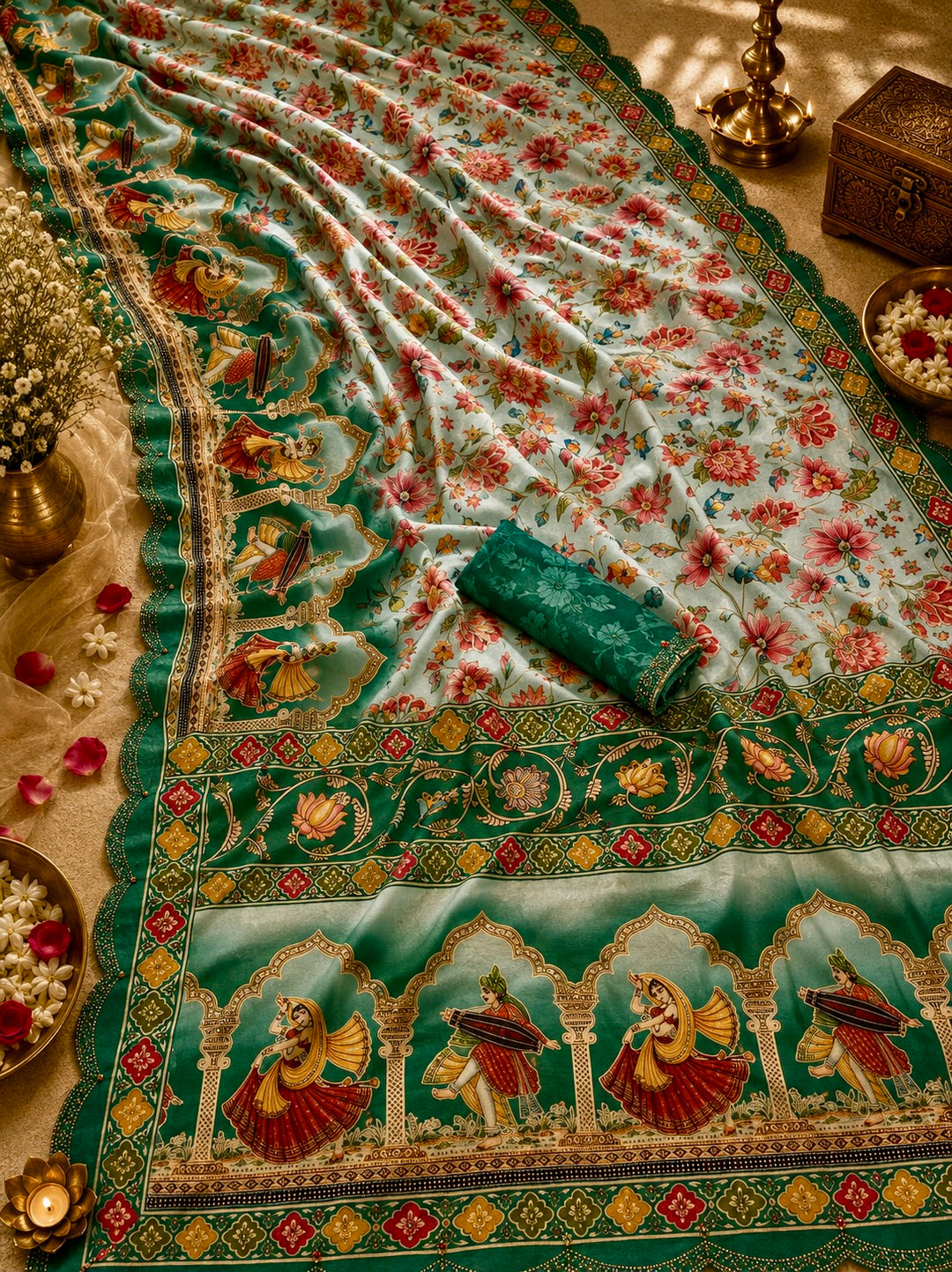 Sea Green Modal Silk Floral Printed Saree with Traditional Dancer Pallu, Swarovski Scalloped Border & Blouse Piece