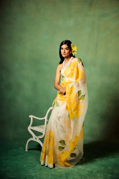White Pure Organza Saree with Hand-Painted Oversized Yellow Floral Motifs & Sequin Accents | Satin Blouse