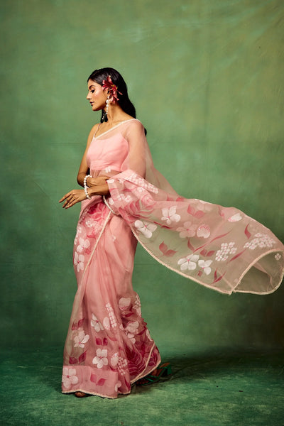 Rose Pink Pure Organza Saree with Hand-Painted Multi-Floral Motifs & Sequin Highlights | Satin Blouse