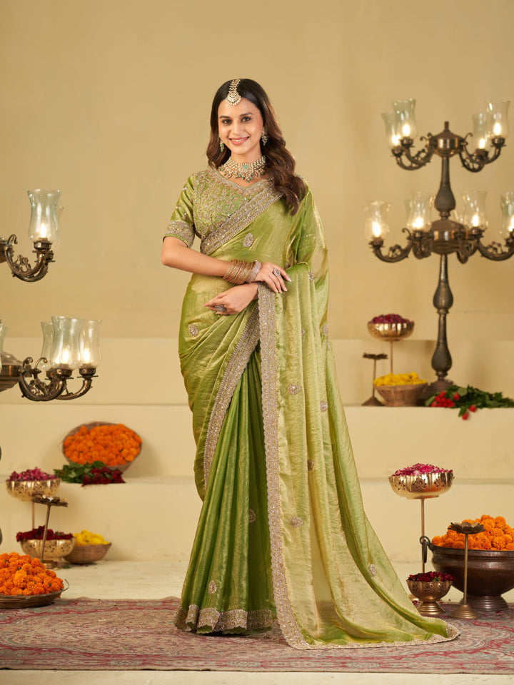 Pista Green Designer Fendy Satin Saree with Heavy Embroidered Blouse & Sequin Border | Premium Wedding Party Wear Saree