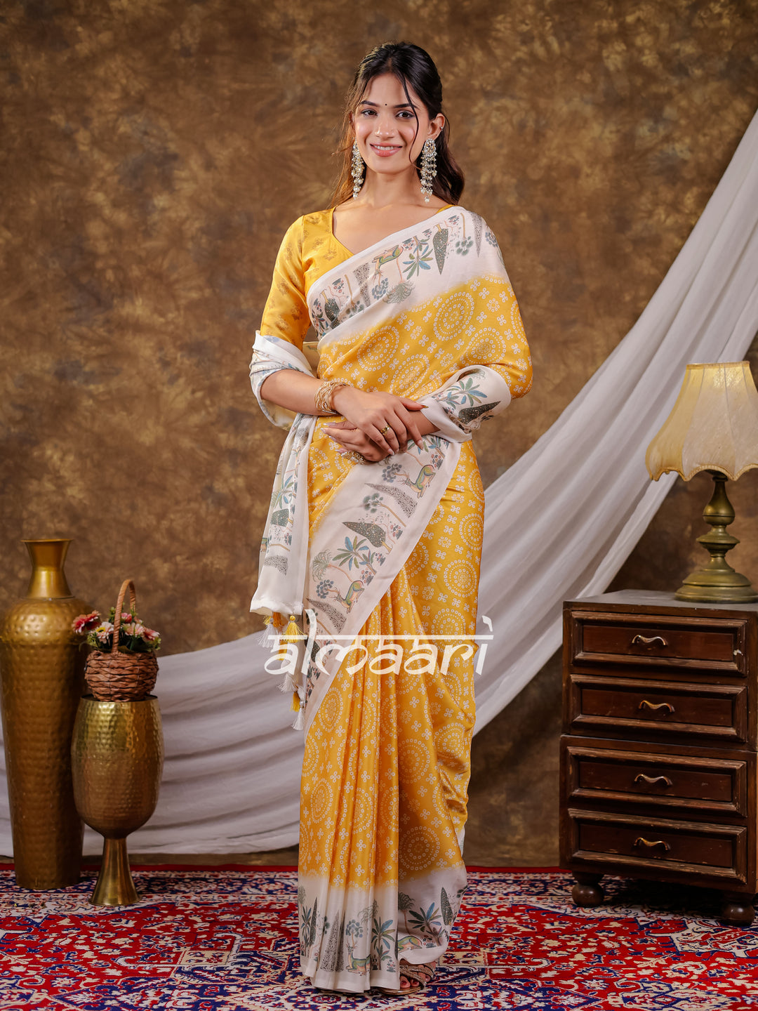 Vantara Mustard Yellow Satin Chiffon Printed Saree with Botanical Nature Print, Designer Tassel Pallu & Matching Blouse Piece