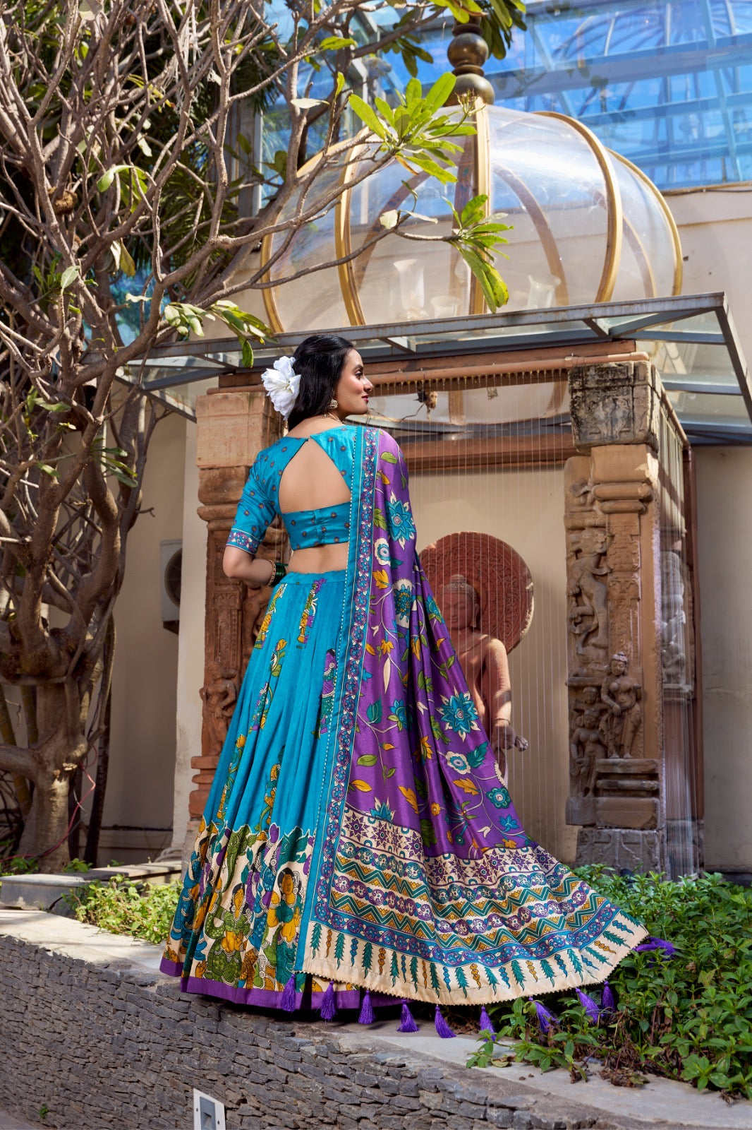 Teal Blue & Royal Purple Kalamkari Tussar Silk Lehenga Set – A Regal Statement of Heritage & Grandeur