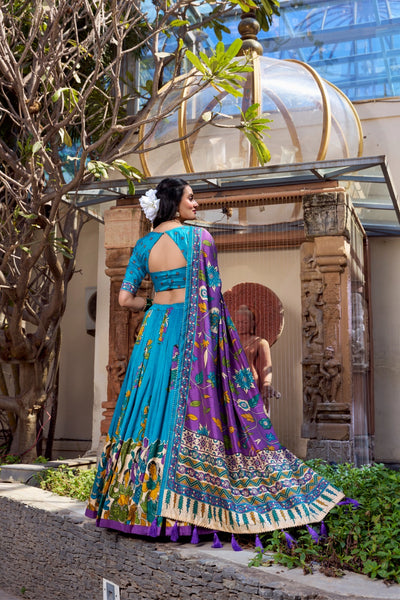 Teal Blue & Royal Purple Kalamkari Tussar Silk Lehenga Set – A Regal Statement of Heritage & Grandeur