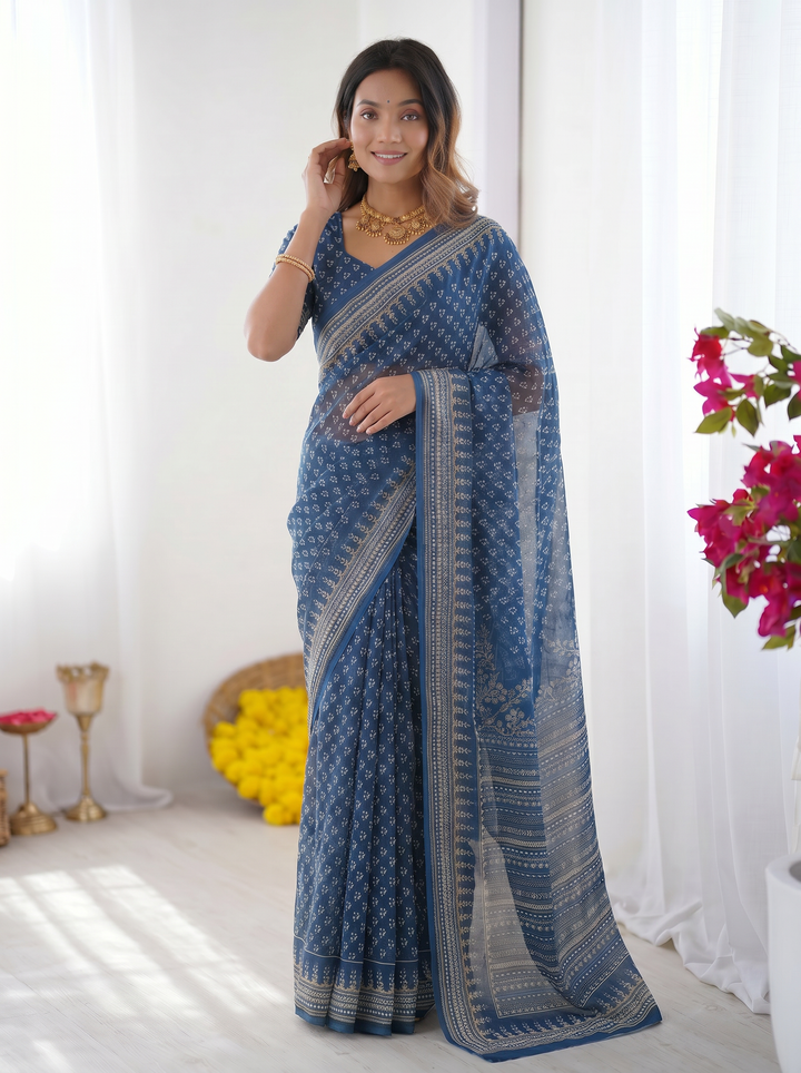 Ajrakh Chinnon Printed Saree with Tassel Detailing & Attached Blouse (No Mirror Work)