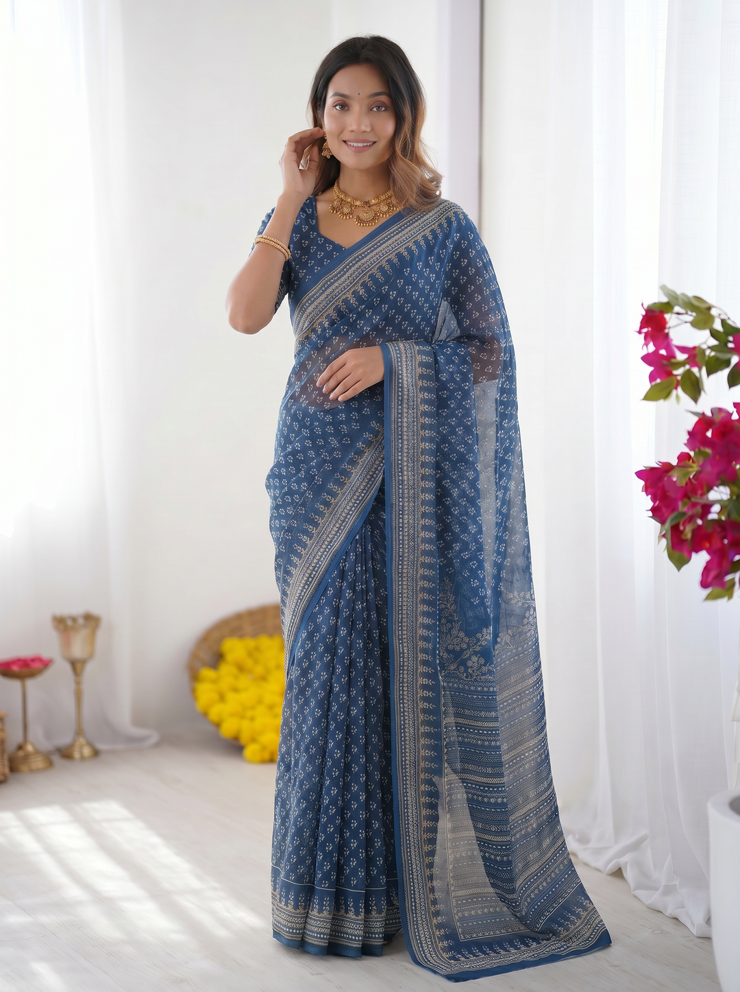 Steel Blue Modal Silk Saree with Delicate Floral Butti Prints, Traditional Heritage Border & Elegant Designer Pallu