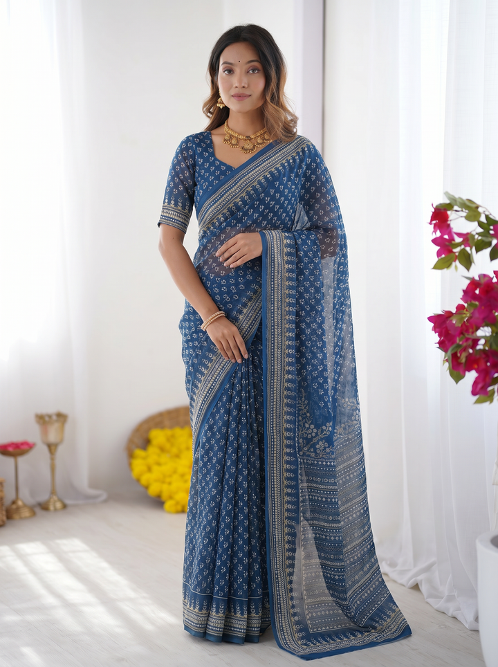 Ajrakh Chinnon Printed Saree with Tassel Detailing & Attached Blouse (No Mirror Work)