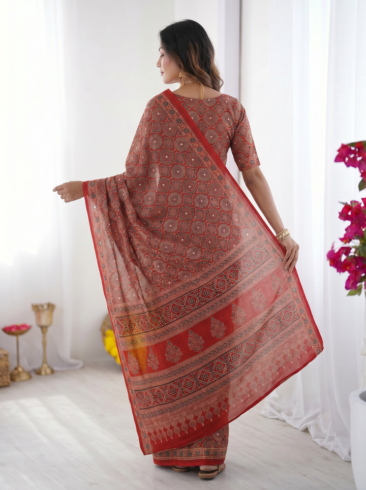 Ajrakh Chinnon Printed Saree with Tassel Detailing & Attached Blouse (No Mirror Work)