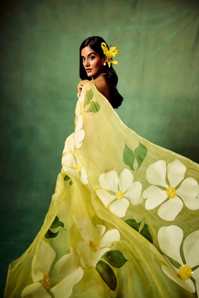 Bright Yellow Pure Organza Saree with Oversized Hand-Painted White Flowers & Sequin Detailing | Satin Blouse Included