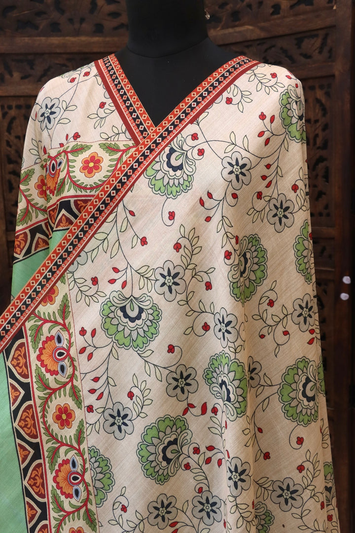 Ivory Cream & Mint Green Floral Printed Malai Silk Dupatta with Folk Border & Tassel Detailing