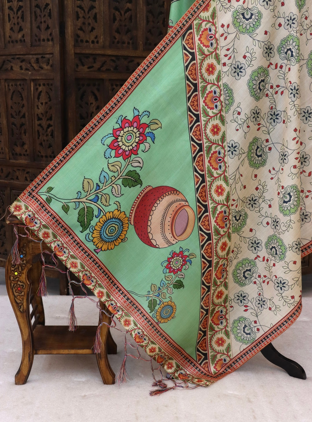 Ivory Cream & Mint Green Floral Printed Malai Silk Dupatta with Folk Border & Tassel Detailing