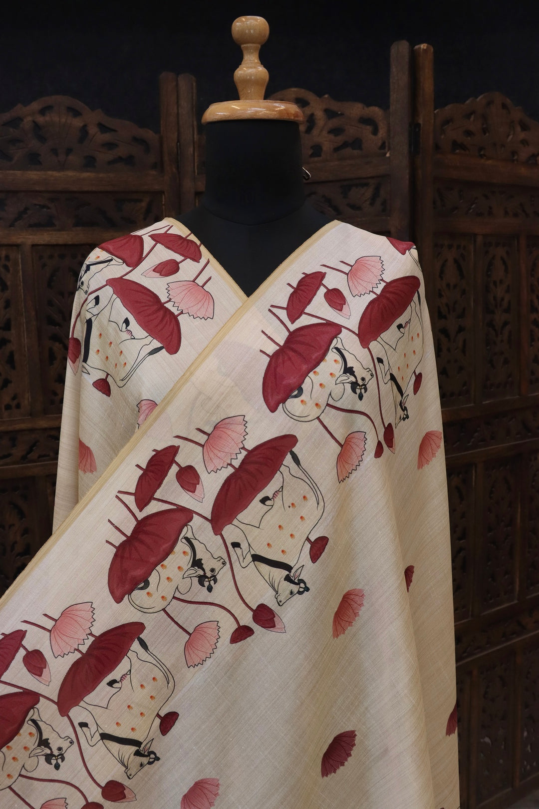 Cream & Maroon Cow Motif Printed Malai Silk Dupatta with Folk Border & Tassel Detailing