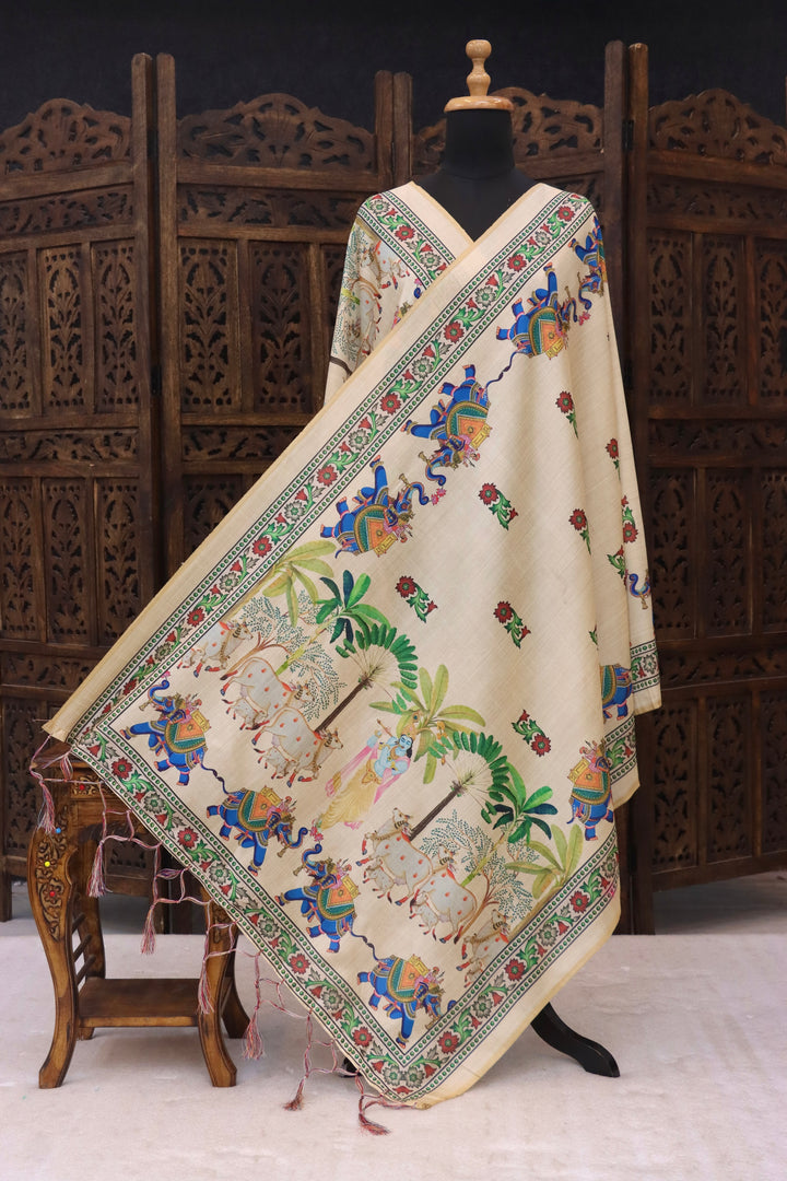 Ivory Beige Malai Silk Dupatta with Royal Elephant, Cow & Krishna Folk Print and Tassel Detailing