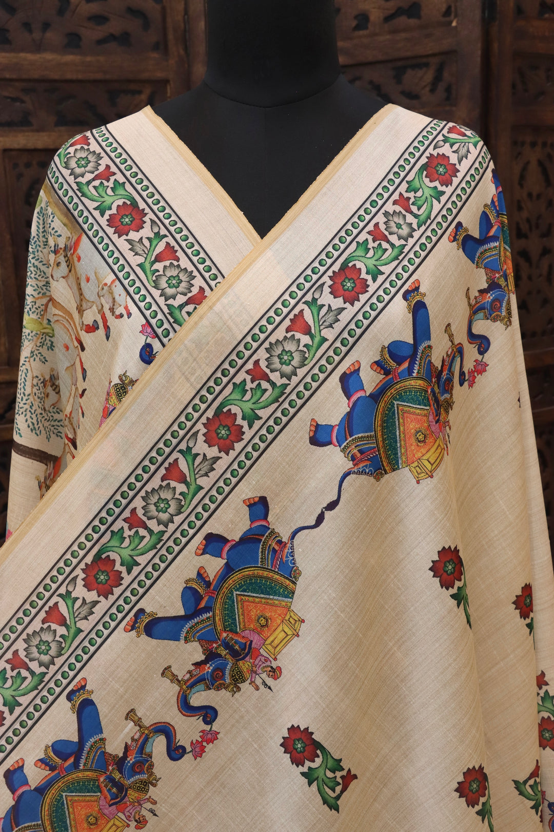 Ivory Beige Malai Silk Dupatta with Royal Elephant, Cow & Krishna Folk Print and Tassel Detailing