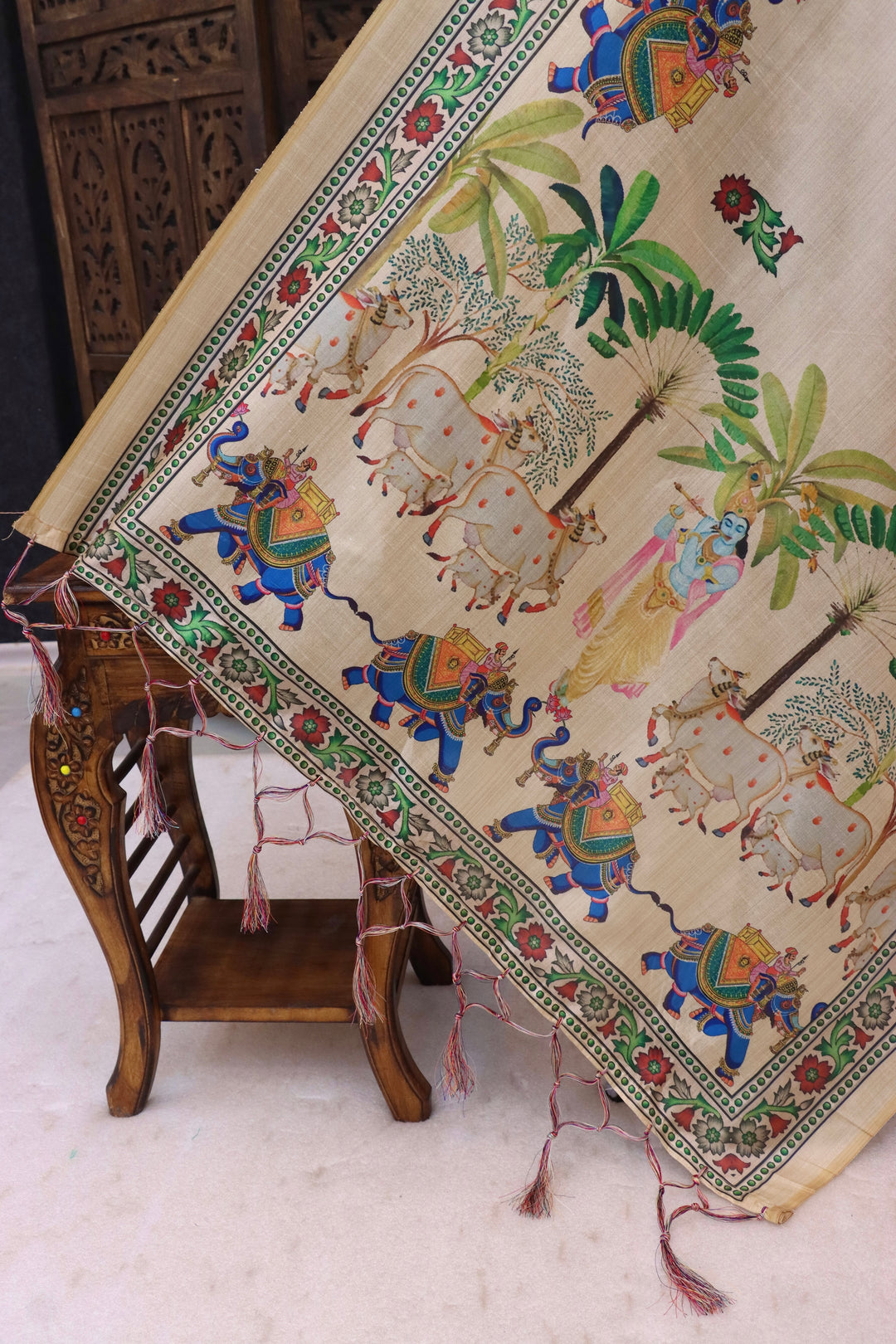 Ivory Beige Malai Silk Dupatta with Royal Elephant, Cow & Krishna Folk Print and Tassel Detailing