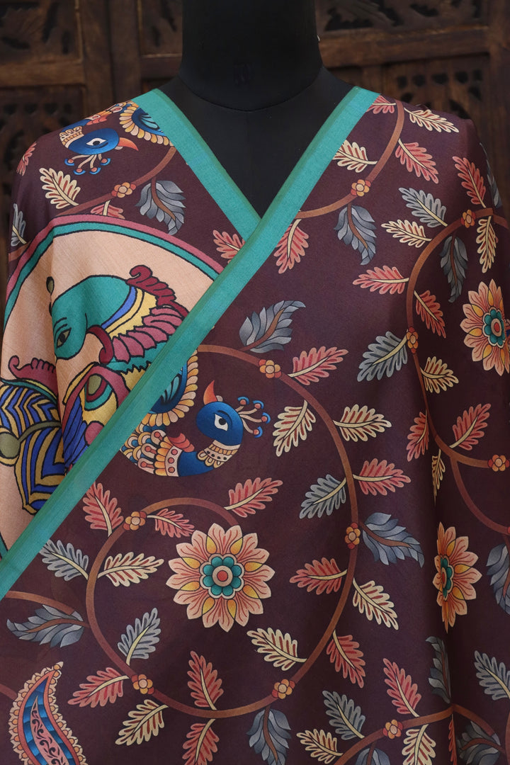 Wine Brown Malai Silk Dupatta with Peacock Mandala Print, Floral Vine Design & Tassel Detailing