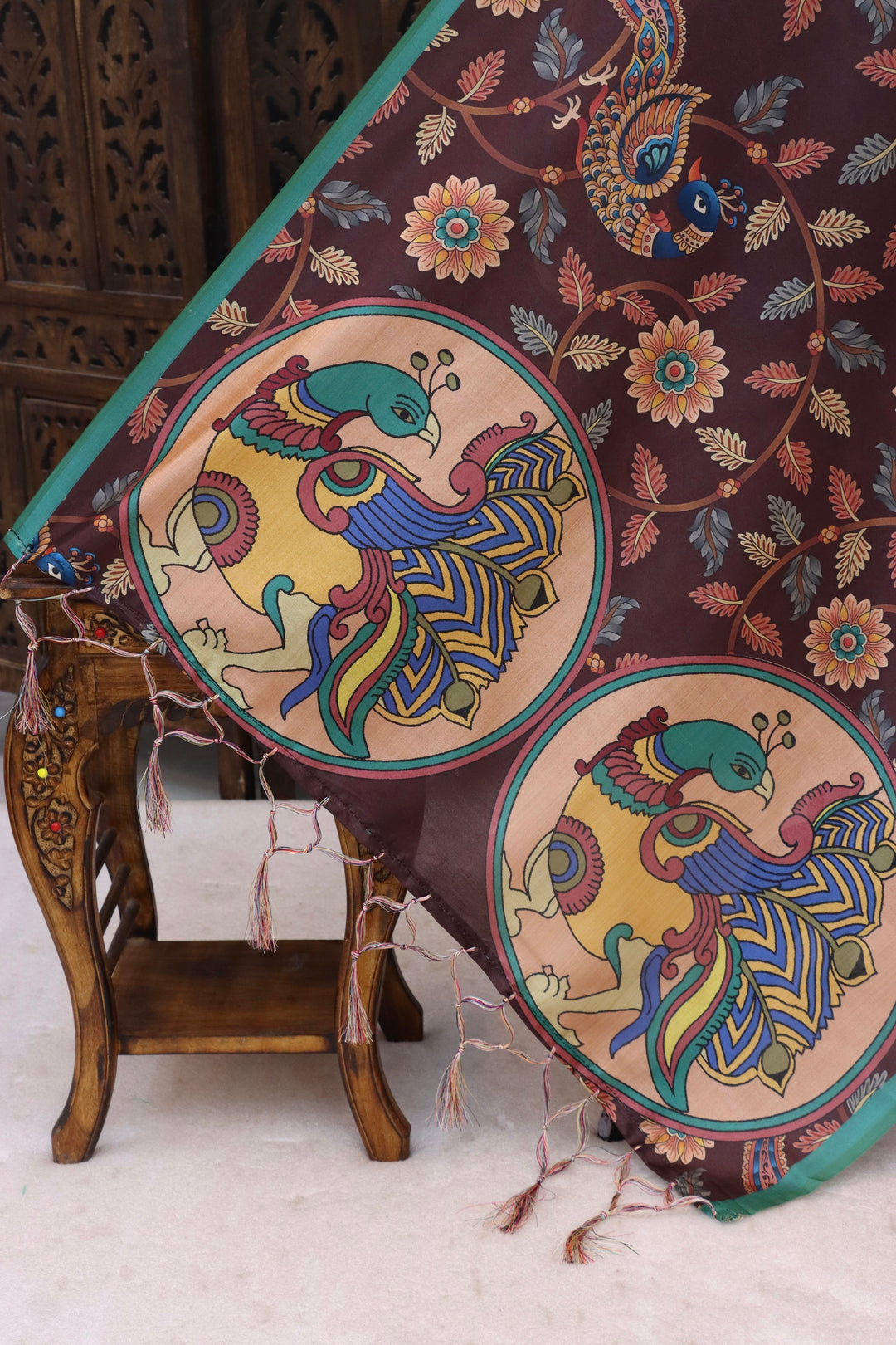 Wine Brown Malai Silk Dupatta with Peacock Mandala Print, Floral Vine Design & Tassel Detailing