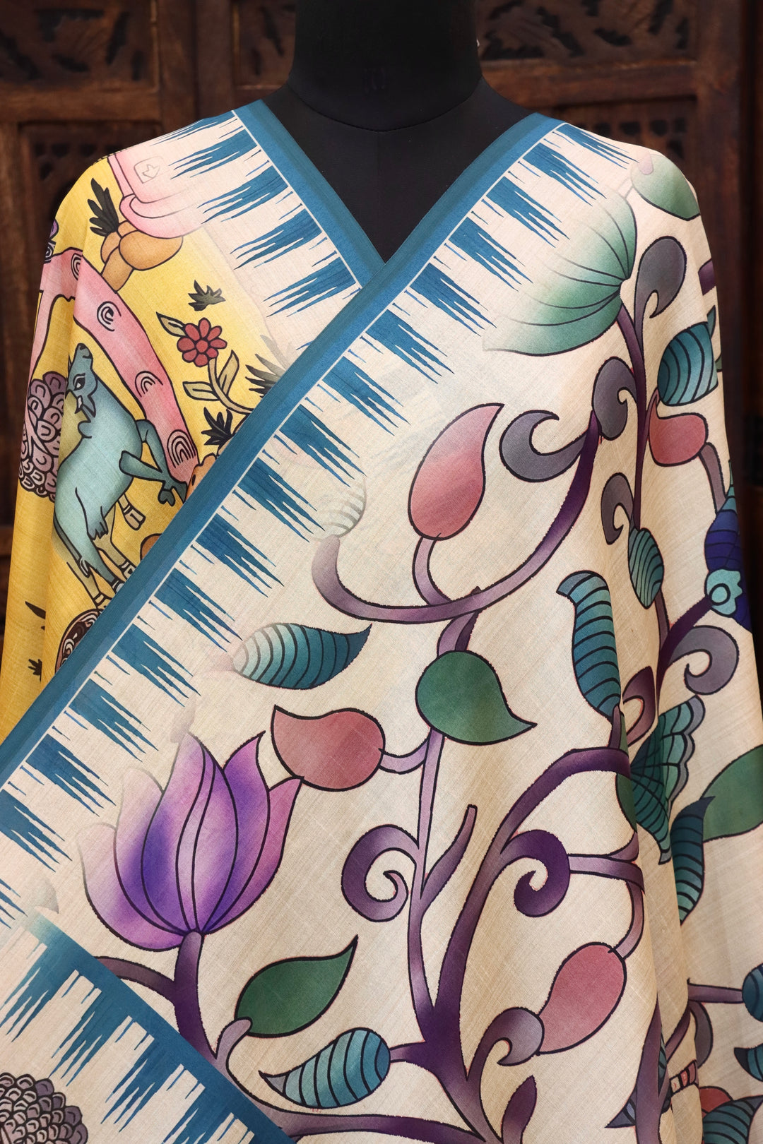 Ivory & Teal Malai Silk Dupatta with Floral Vine Body and Village Folk Story Print with Tassels