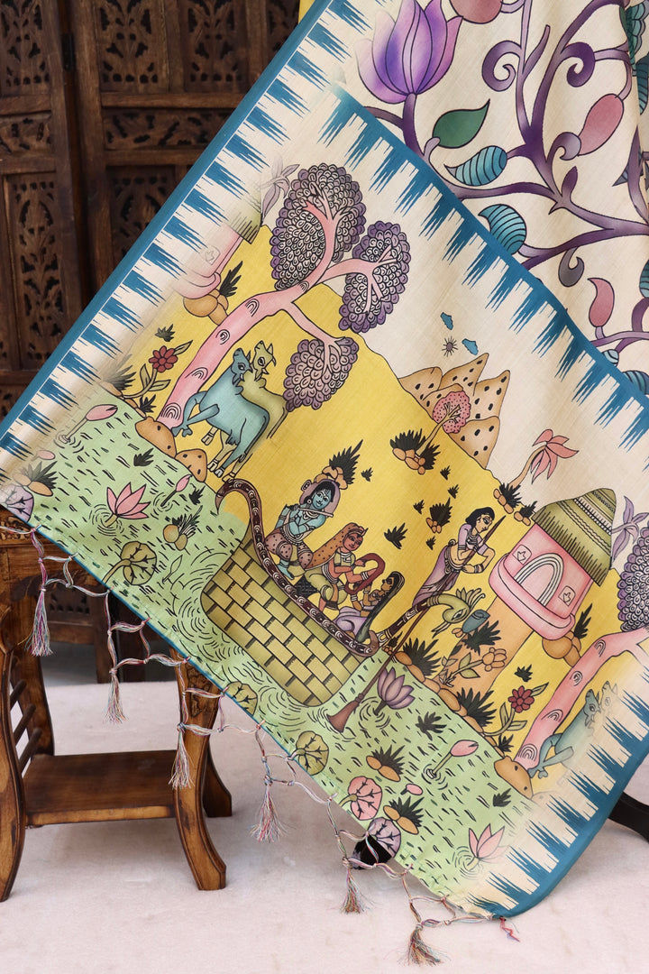 Ivory & Teal Malai Silk Dupatta with Floral Vine Body and Village Folk Story Print with Tassels