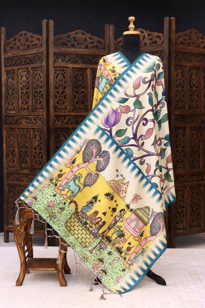 Ivory & Teal Malai Silk Dupatta with Floral Vine Body and Village Folk Story Print with Tassels