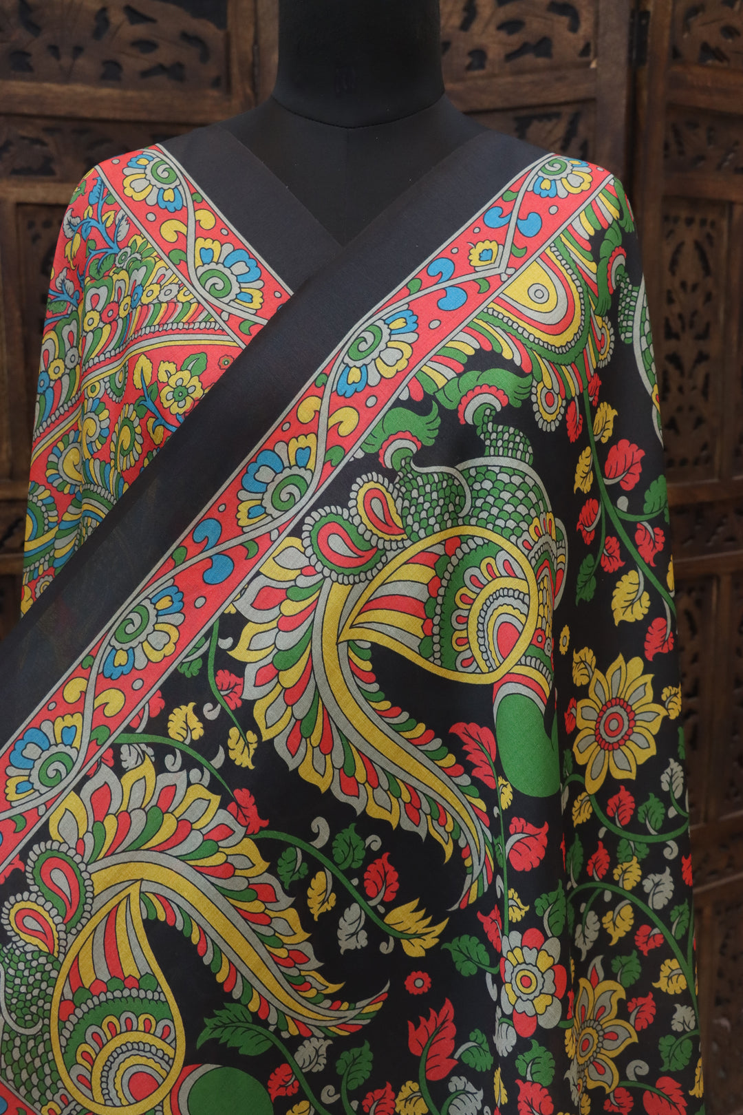 Black Malai Silk Dupatta with Multicolor Peacock & Paisley Folk Print and Contrast Border with Tassels